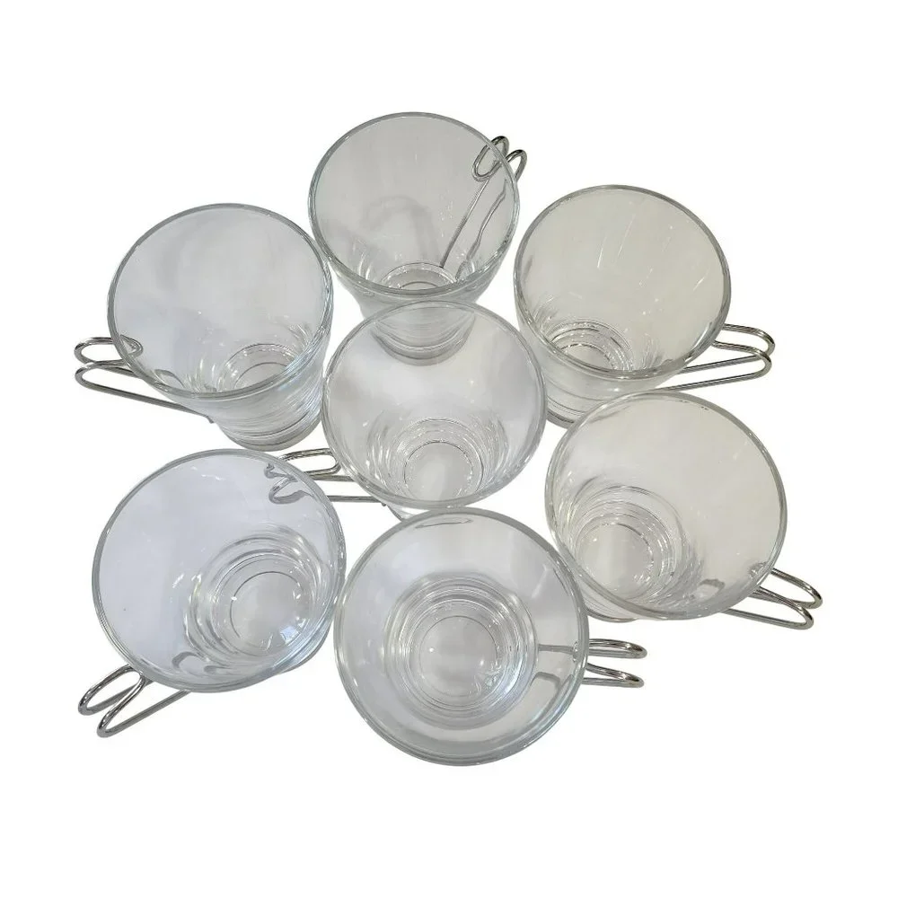 Vintage Clear Glass Cappuccino Expresso Tea Cup Coffee Mug Set of 7 Metal Handle